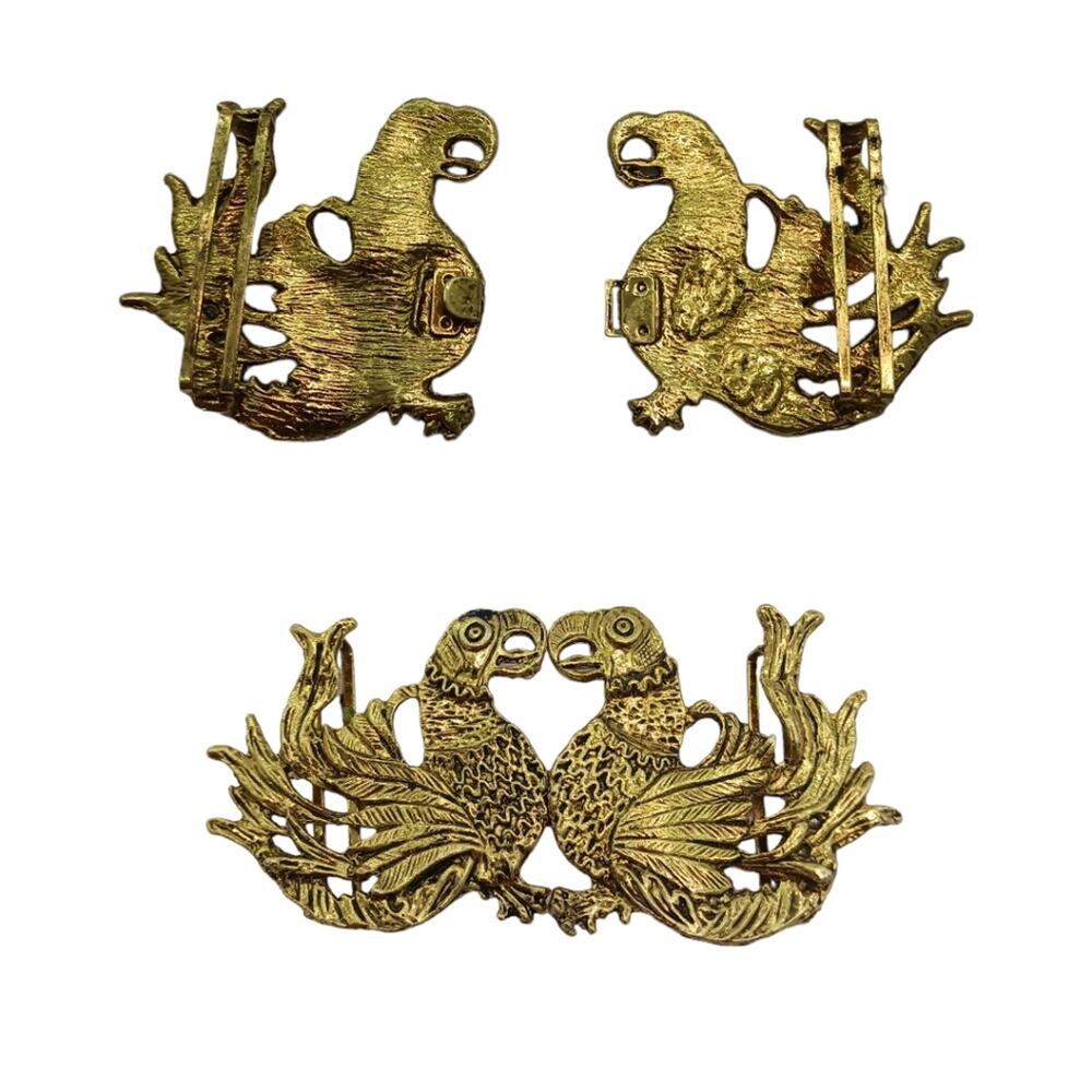 VINTAGE Gold Tone Birds Parrot Womens Belt Statement Buckle 4 in